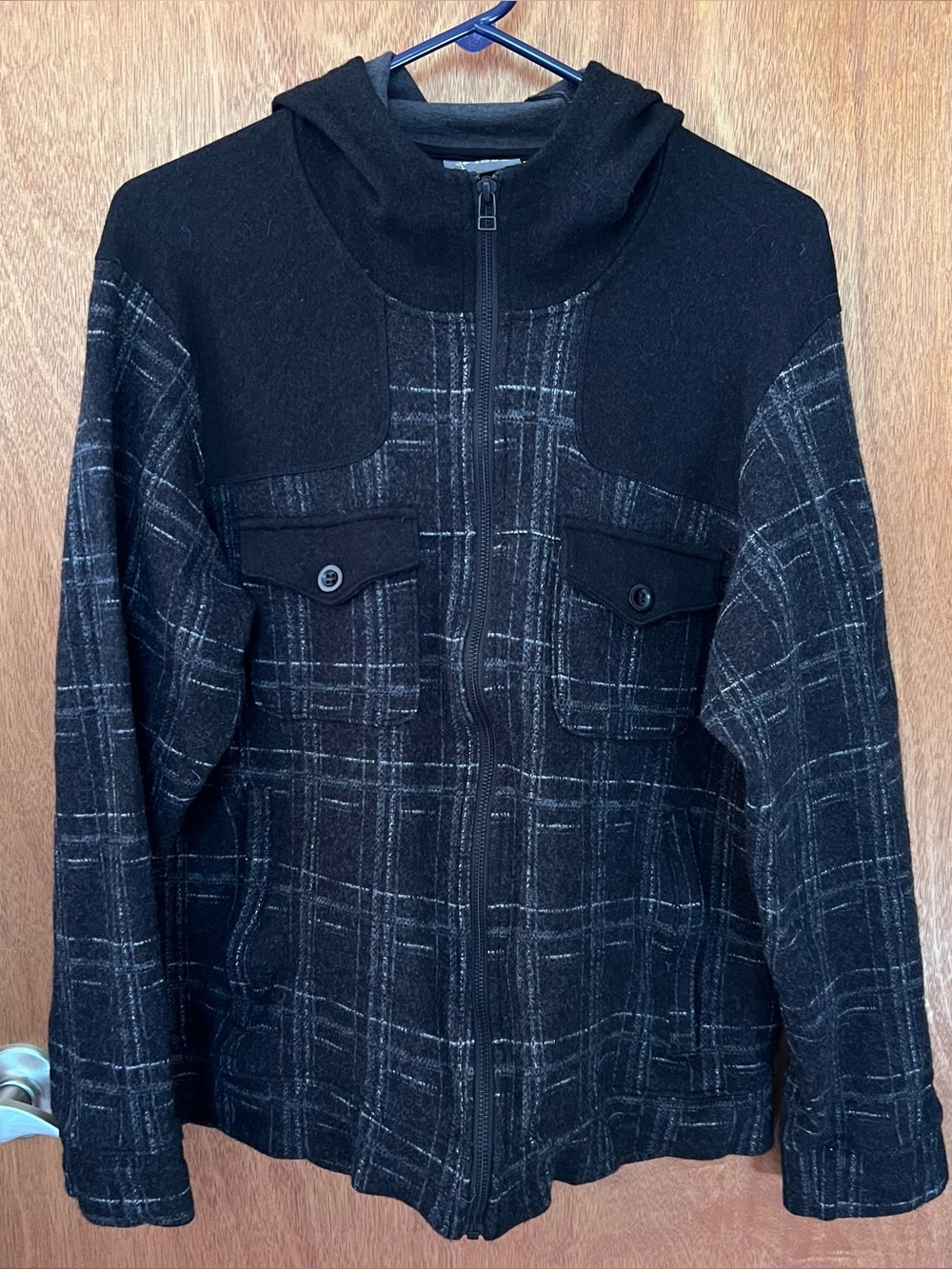Women's Ibex Wool Hooded Black Plaid Zip Up Hoodie Jacket